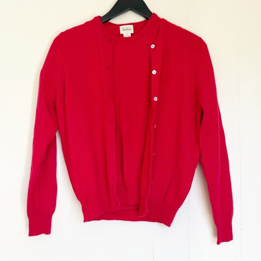 NEIMAN MARCUS 100% Cashmere Twinset Red Cardigan & Short Sleeve Sweater Small